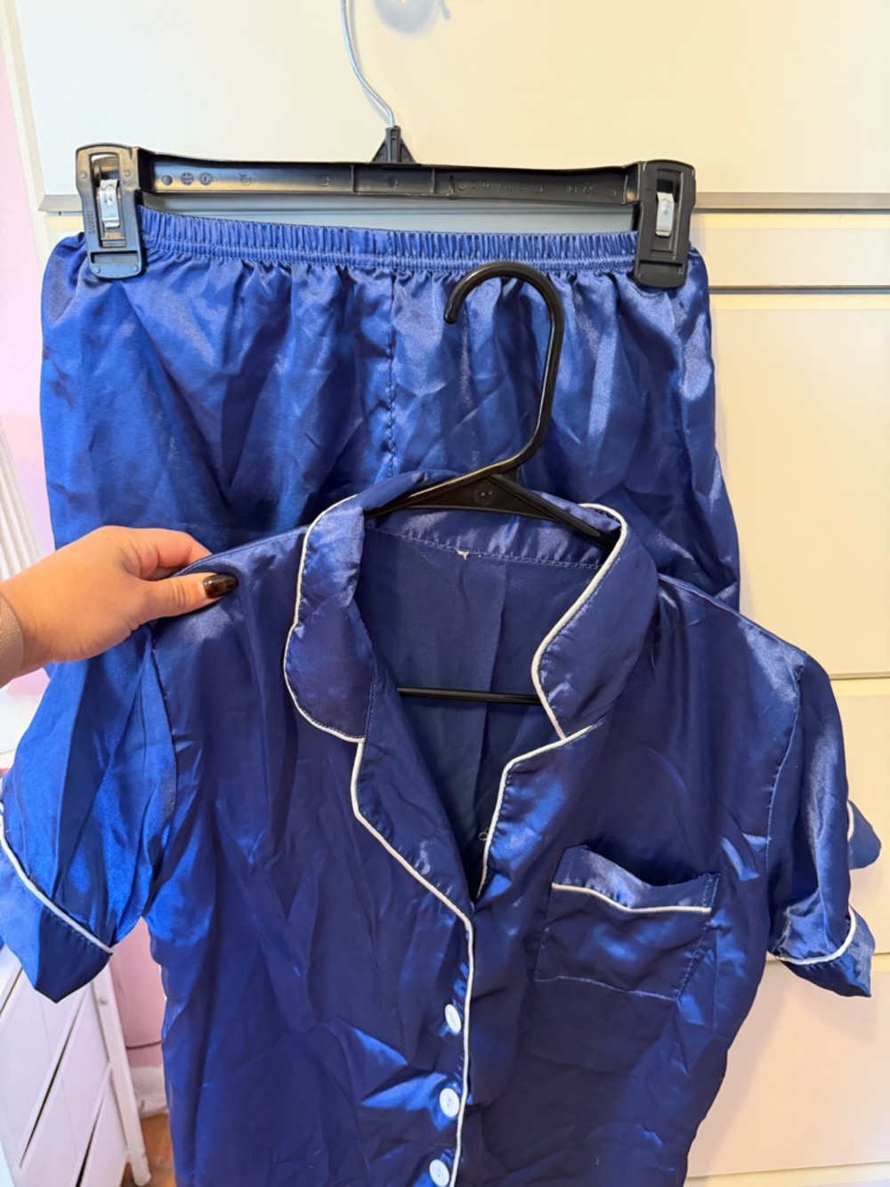 SHEIN Blue Satin Short Sleeve Pajama Set with White Piping